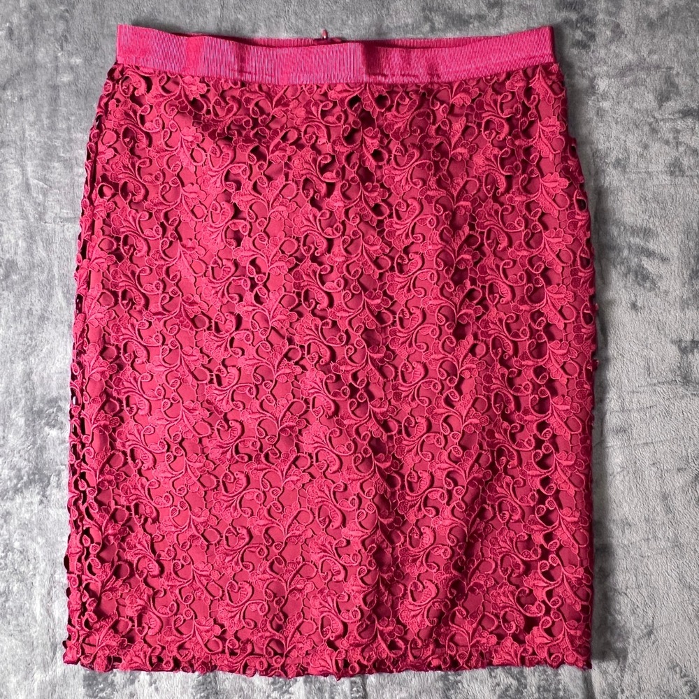 Ann Taylor Lace Pencil Skirt Womens 12 Red Burgundy Floral Overlay Lined preppy